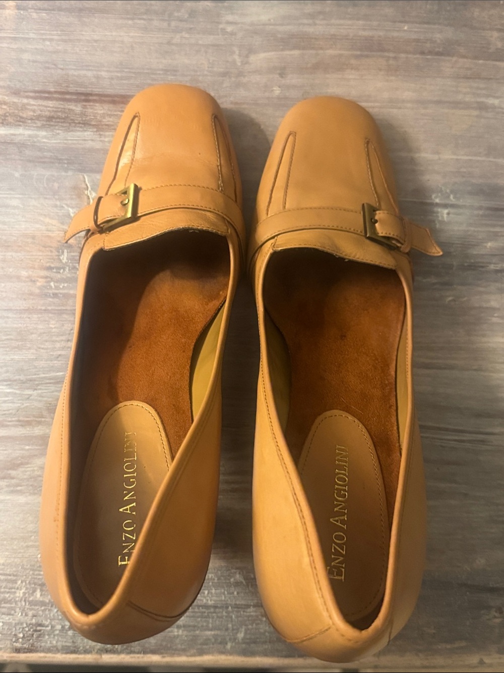 Enzo Angiolini Tan Leather Mid-Heel Loafer Pumps with Buckle Accent - Picture 8 of 13